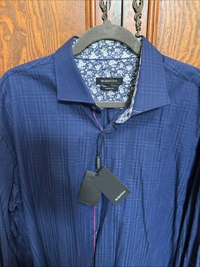 Bugatchi Navy Patterned Knit Dress Shirt with Floral Inner Collar XXL